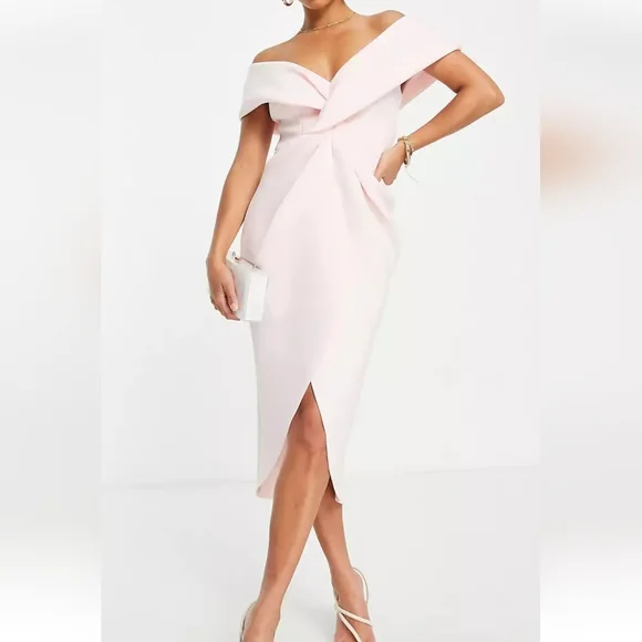 knee length dresses for ladies Rent Asos Design Satin Bandeau Twist Front Midi Dress In Watercolour Print